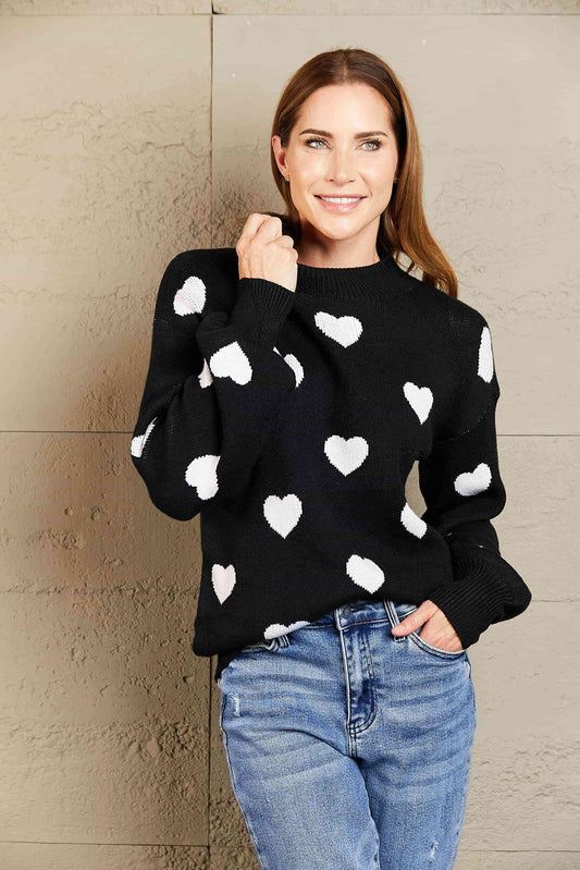 Woven Right Heart Pattern Lantern Sleeve Round Neck Tunic Sweater - Deals DejaVu