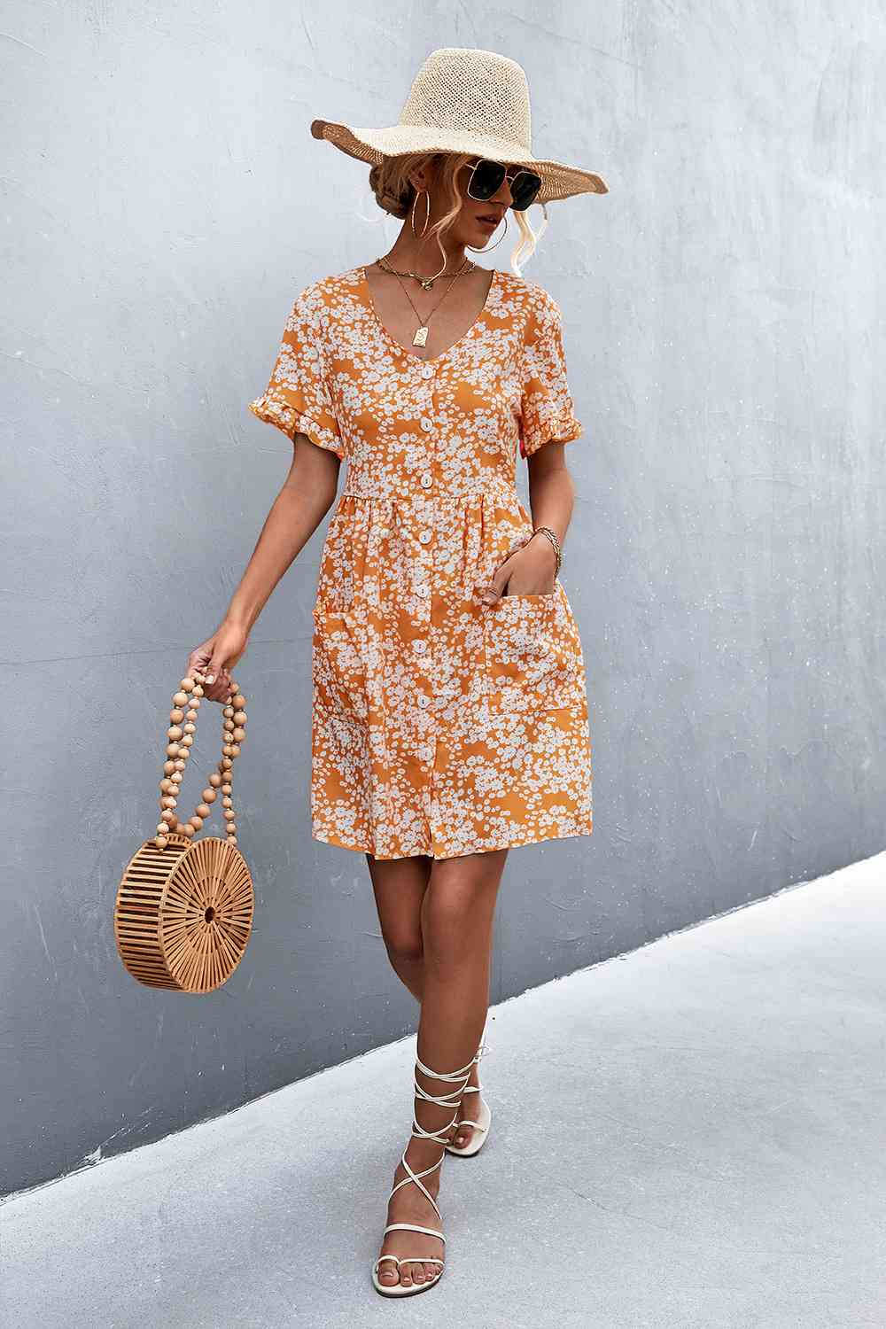 Printed Button down Pocketed Dress (MWBT) T - Deals DejaVu