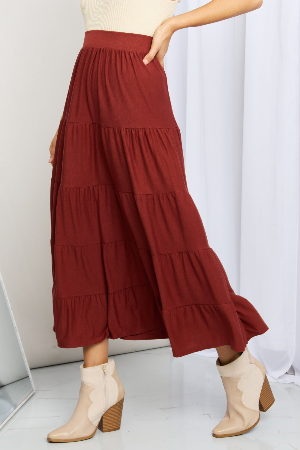 Zenana Full Size Wide Waistband Tiered Midi Skirt (TB7) T - Deals DejaVu