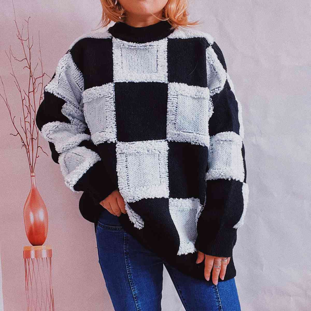 Checkered Round Neck Long Sleeve Sweater - Deals DejaVu