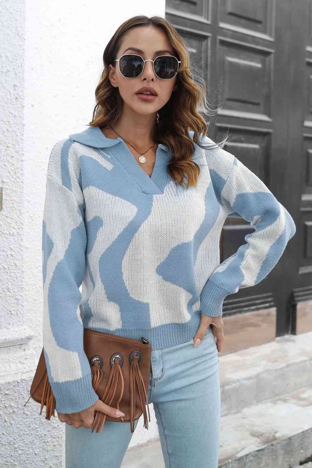 Two-Tone Johnny Collar Dropped Shoulder Pullover Sweater - Deals DejaVu