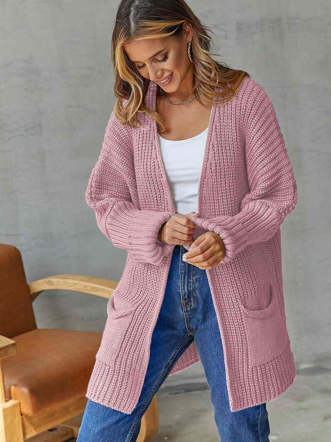 Open Front Long Sleeve Cardigan with Pockets