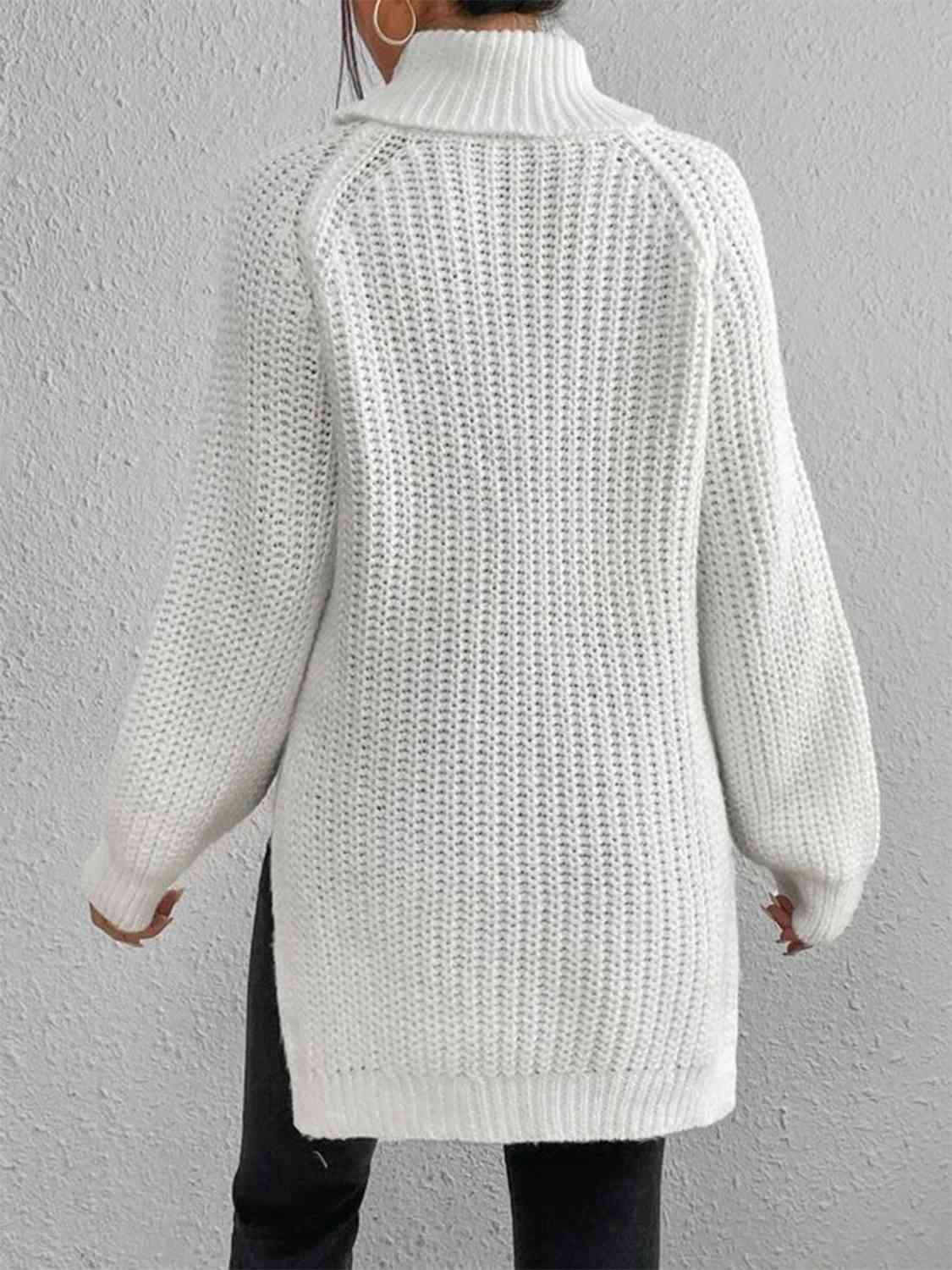 Full Size Turtleneck Rib-Knit Slit Sweater - Deals DejaVu