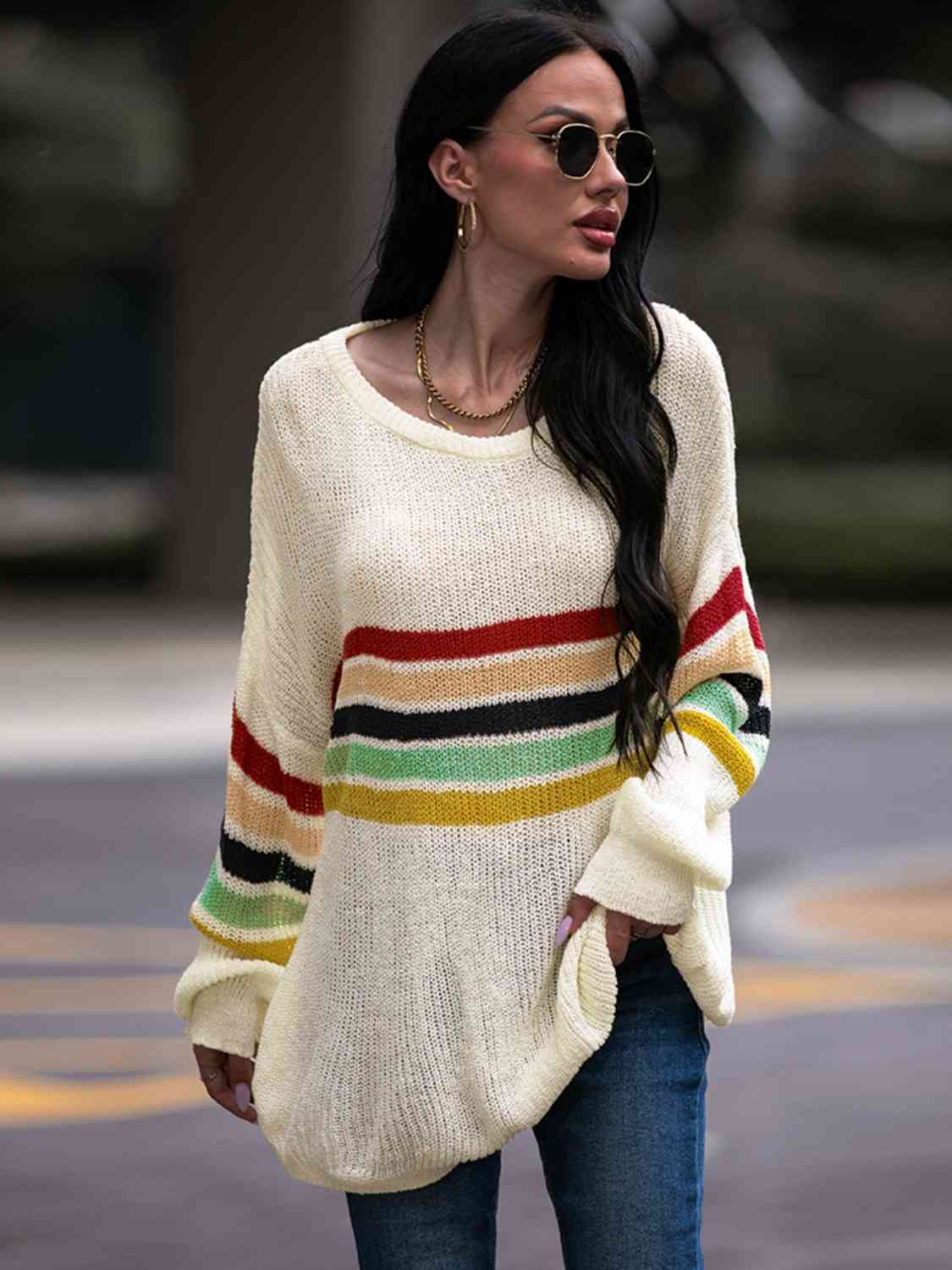 Striped Round Neck Sweater - Deals DejaVu