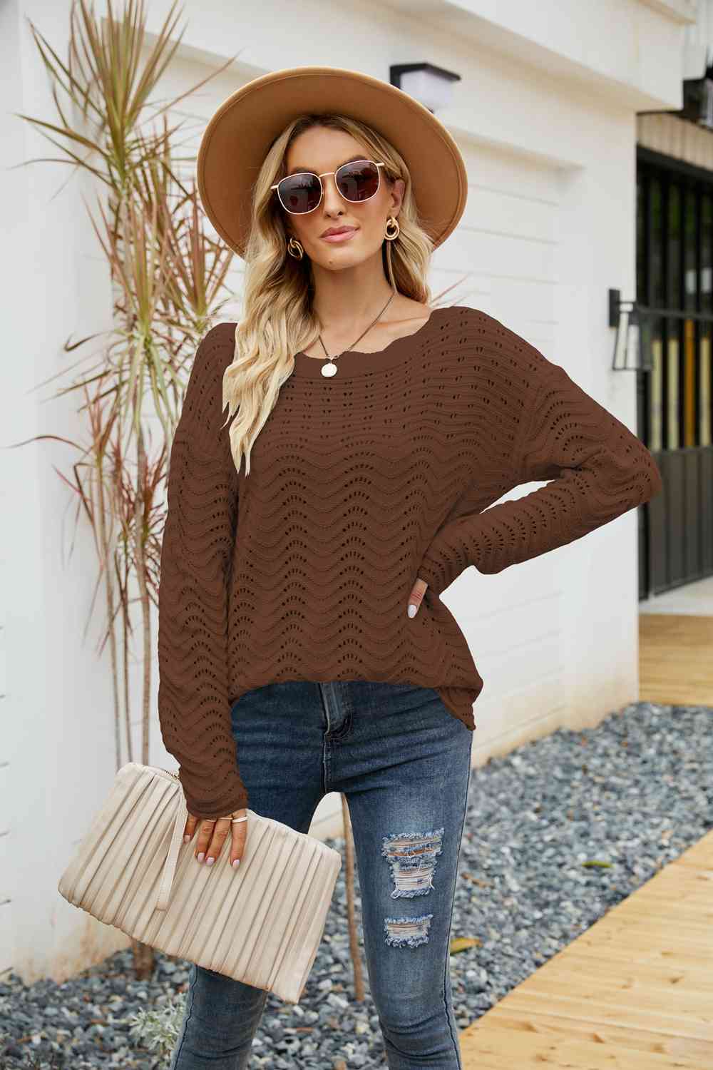 Woven Right Scalloped Boat Neck Openwork Tunic Sweater - Deals DejaVu