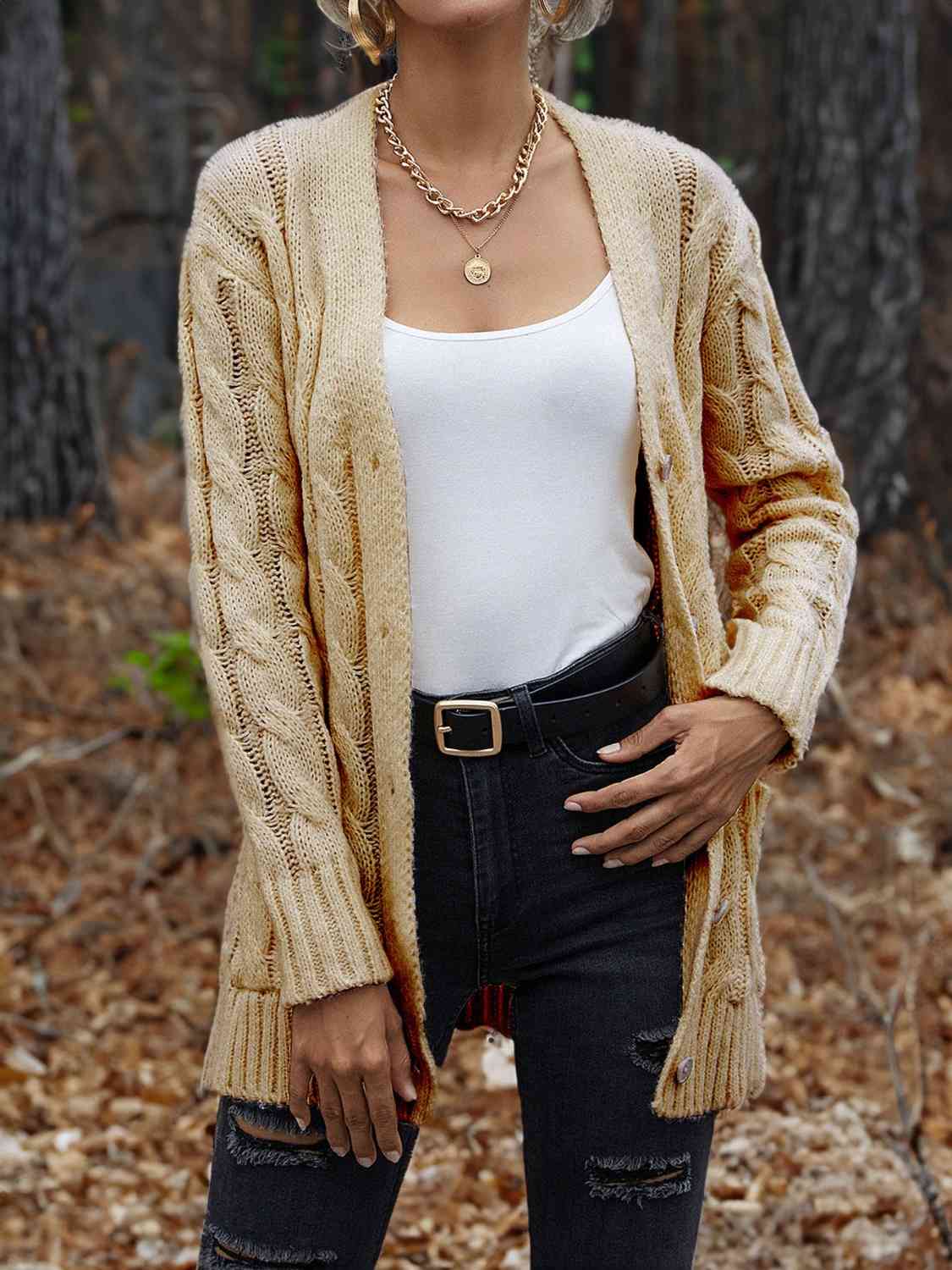 Cable-Knit Button Down Cardigan - Deals DejaVu