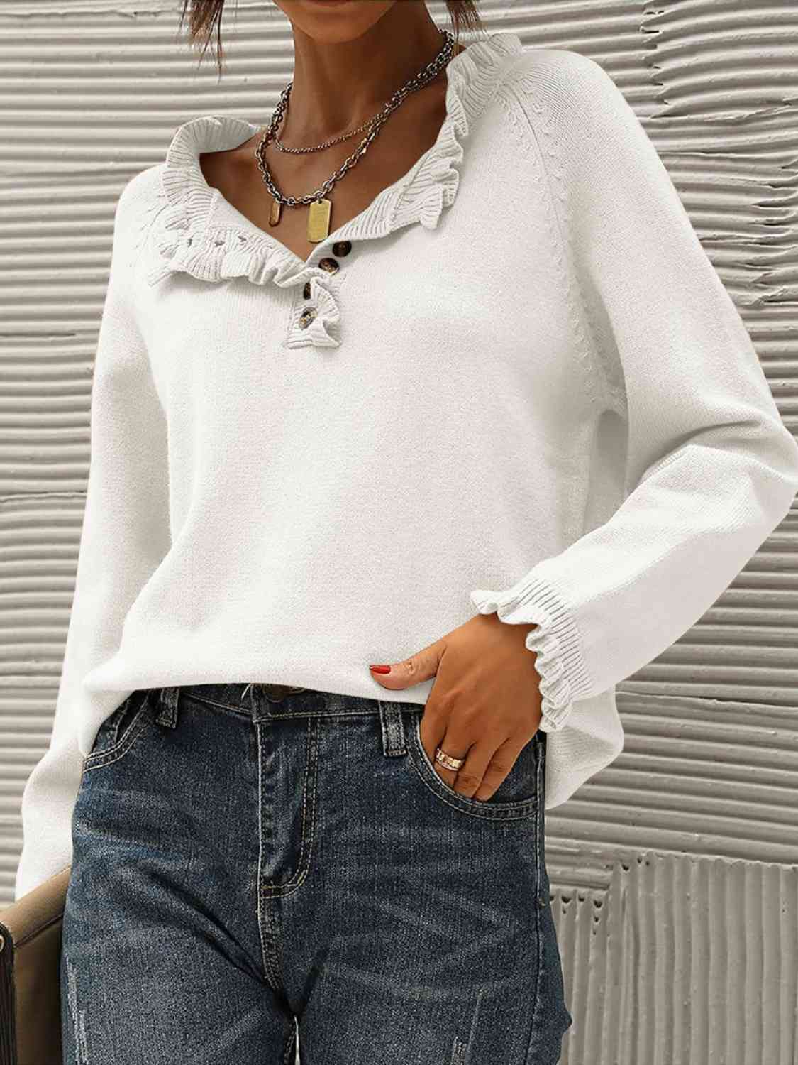 Ruffled Quarter-Button Sweater - Deals DejaVu