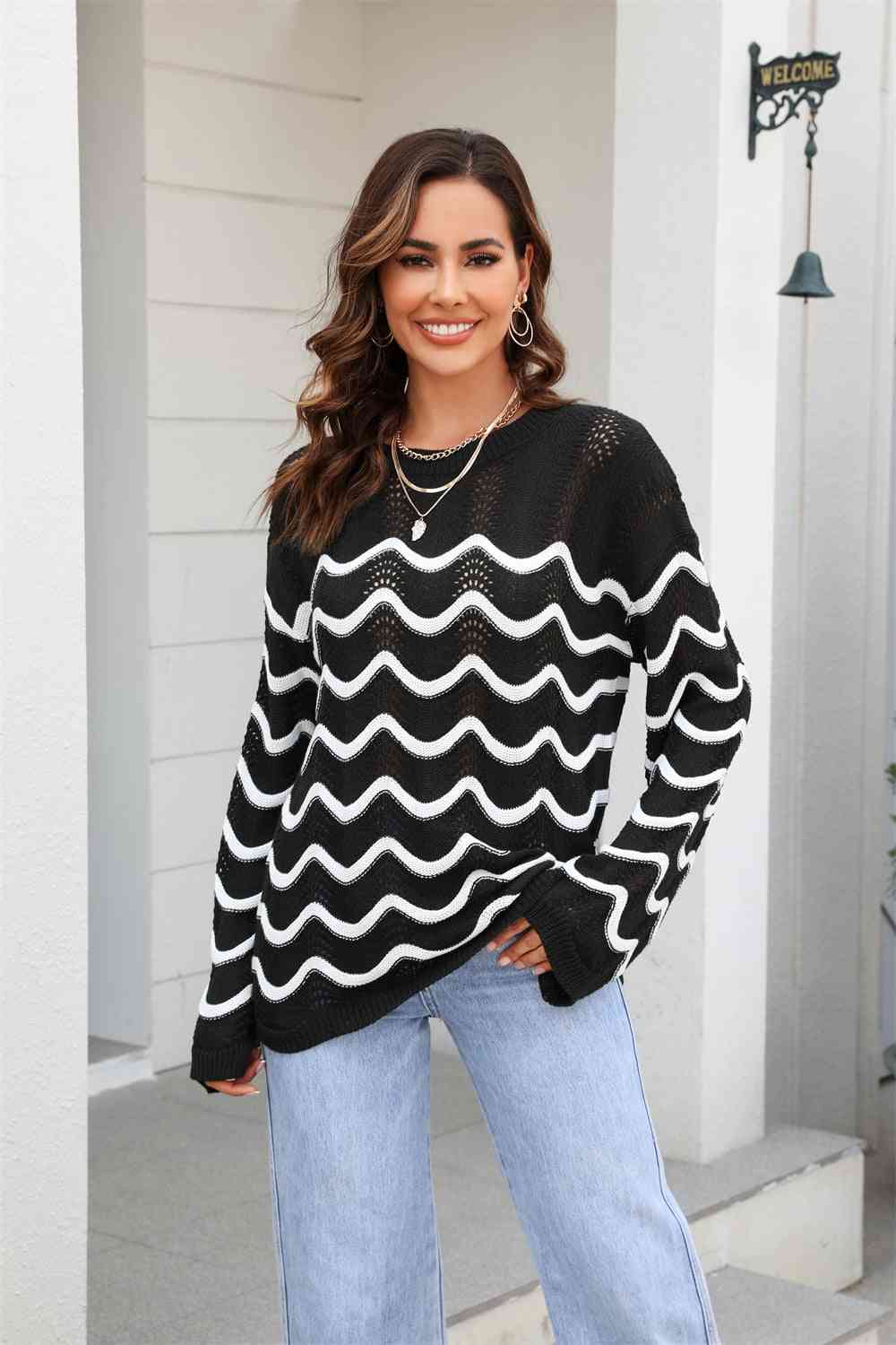 Wave Pattern Round Neck Long Sleeve Sweater - Deals DejaVu