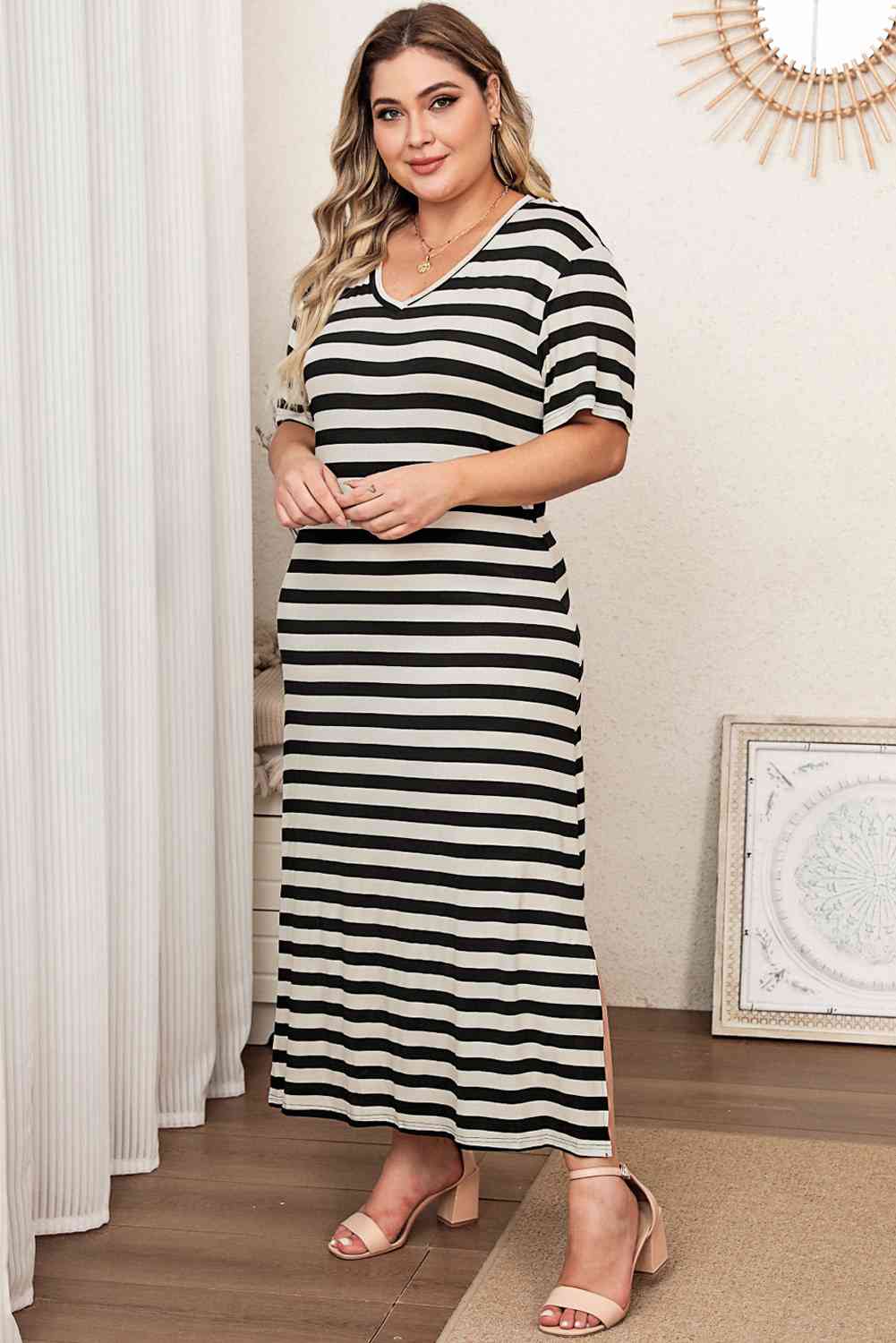 Plus Size V-Neck Side Slit Maxi Dress (BWMT) T - Deals DejaVu