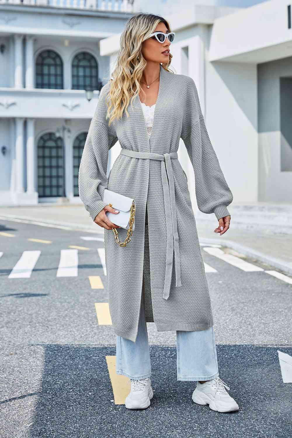 Tie Waist Dropped Shoulder Cardigan - Deals DejaVu