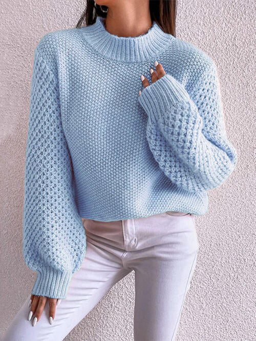 Openwork Mock Neck Long Sleeve Sweater - Deals DejaVu