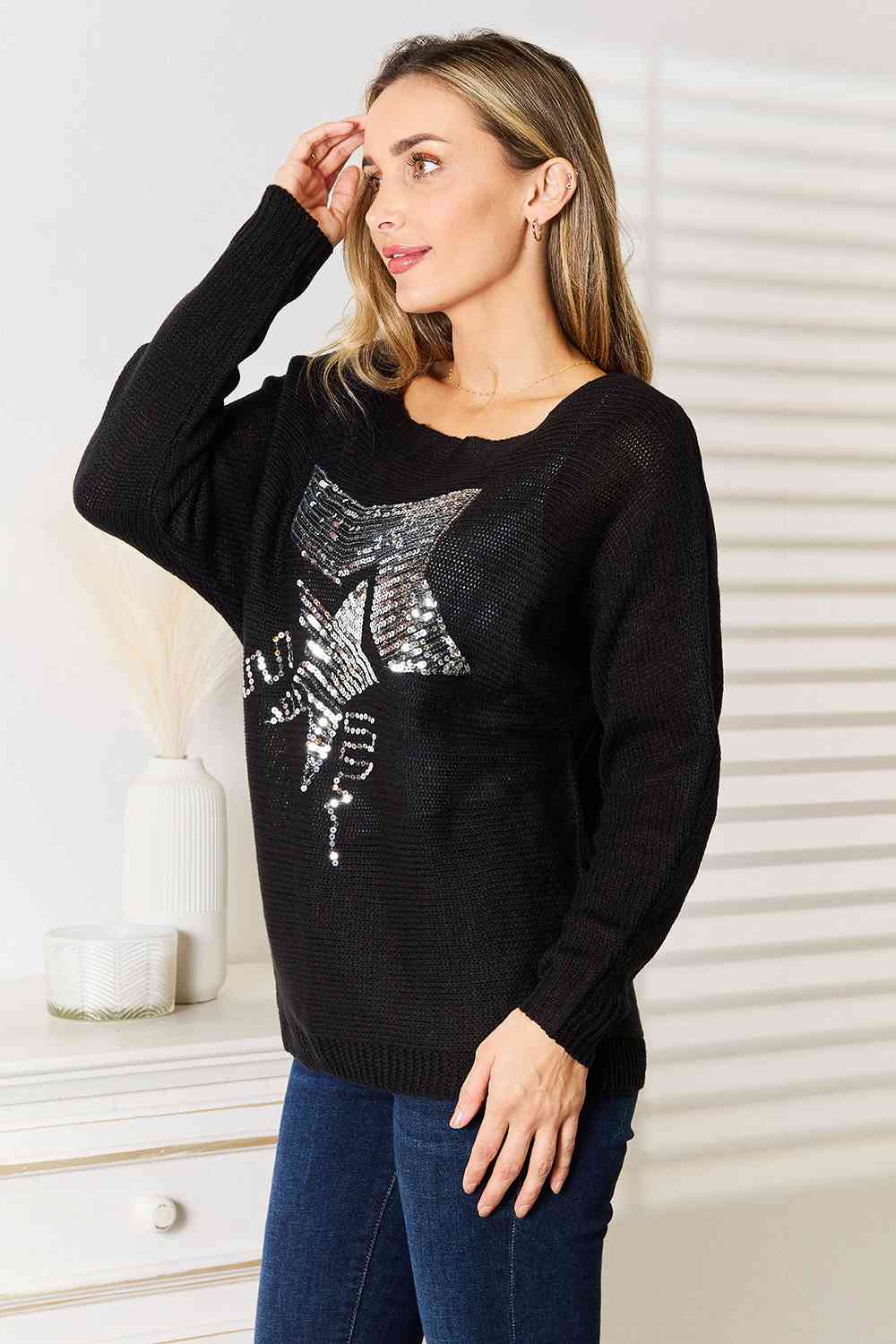 Double Take Sequin Graphic Dolman Sleeve Knit Top - Deals DejaVu