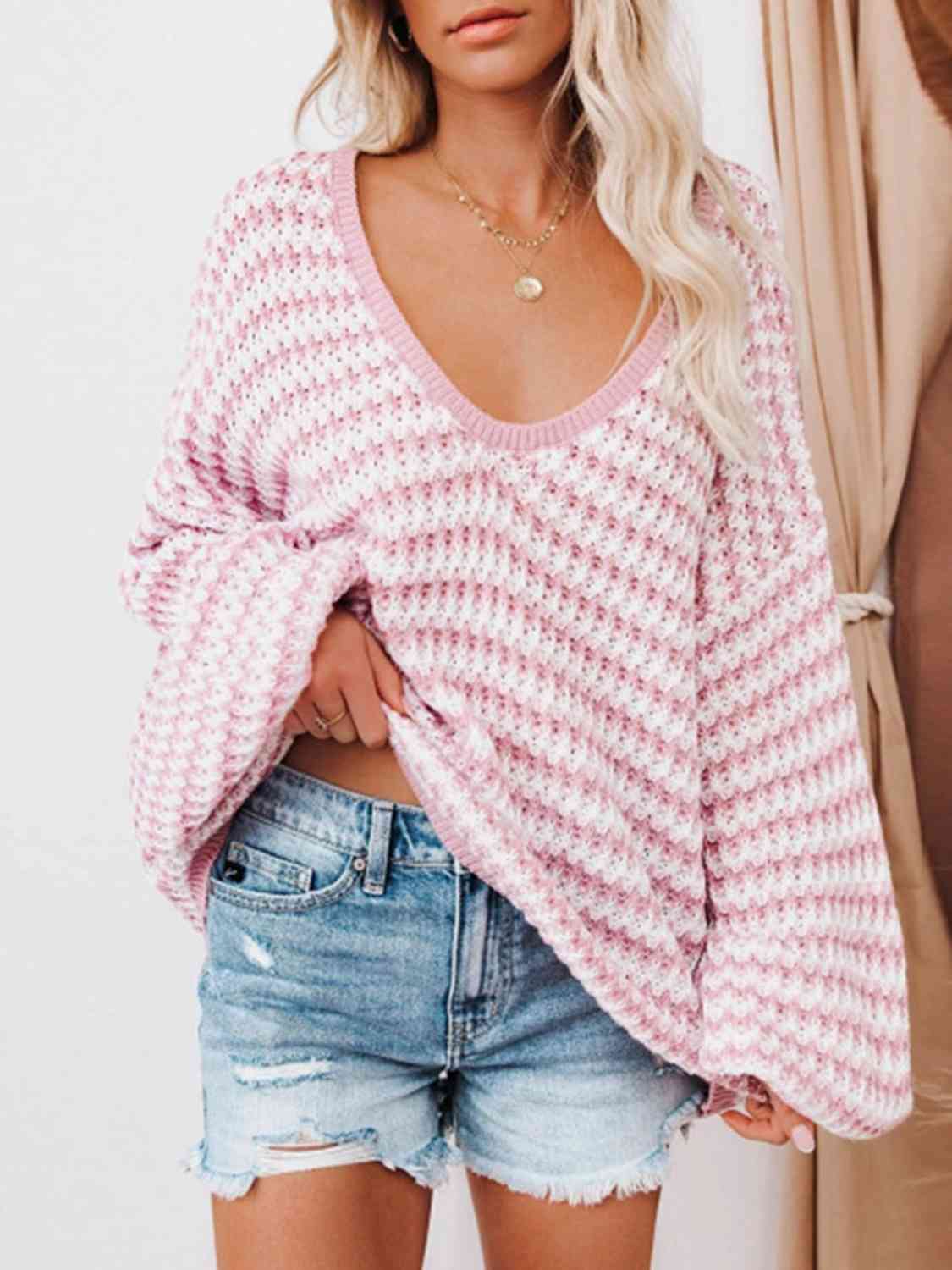 Striped Drop Shoulder V-Neck Sweater - Deals DejaVu