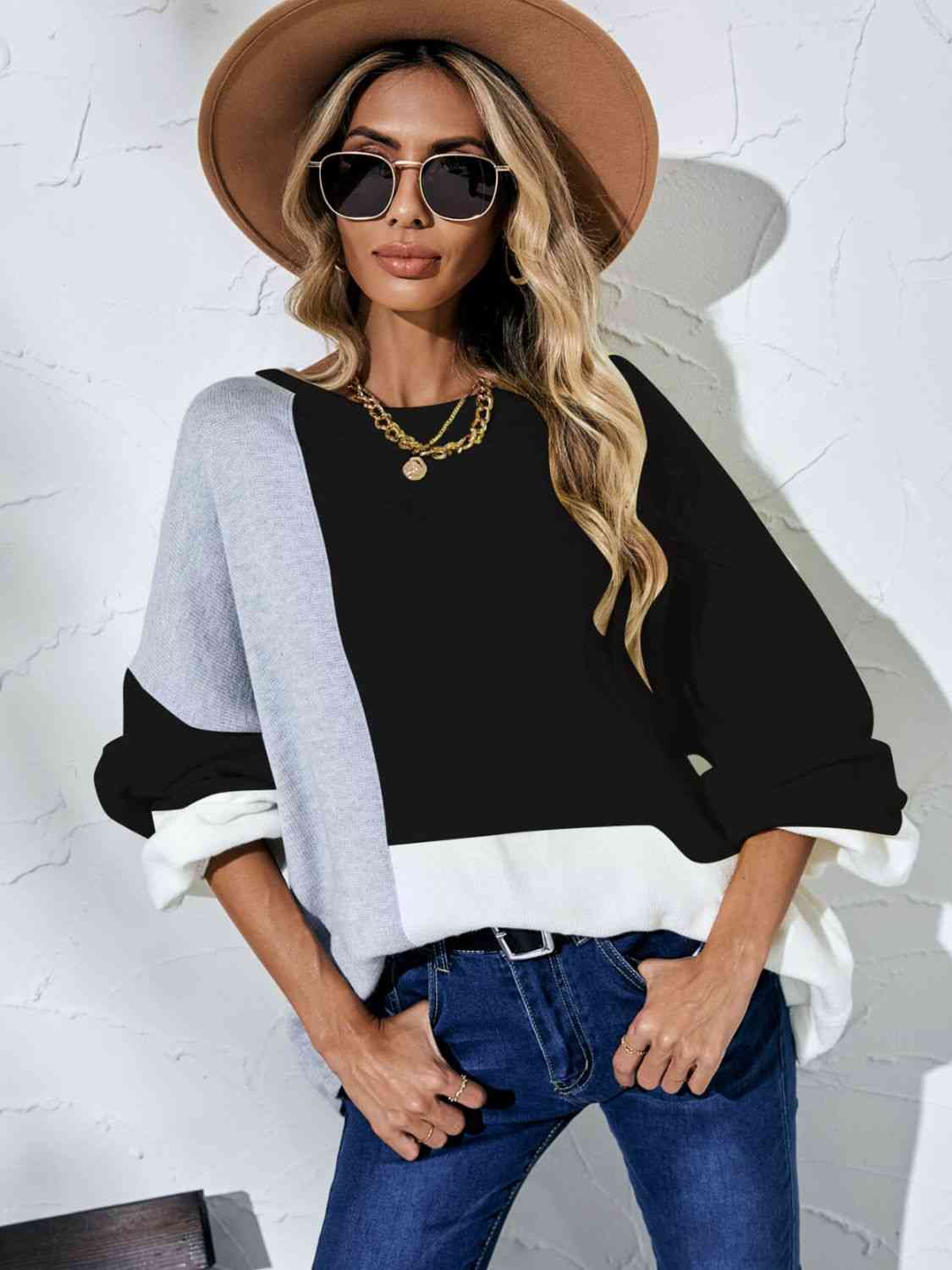 Color Block Balloon Sleeve Boat Neck Sweater - Deals DejaVu