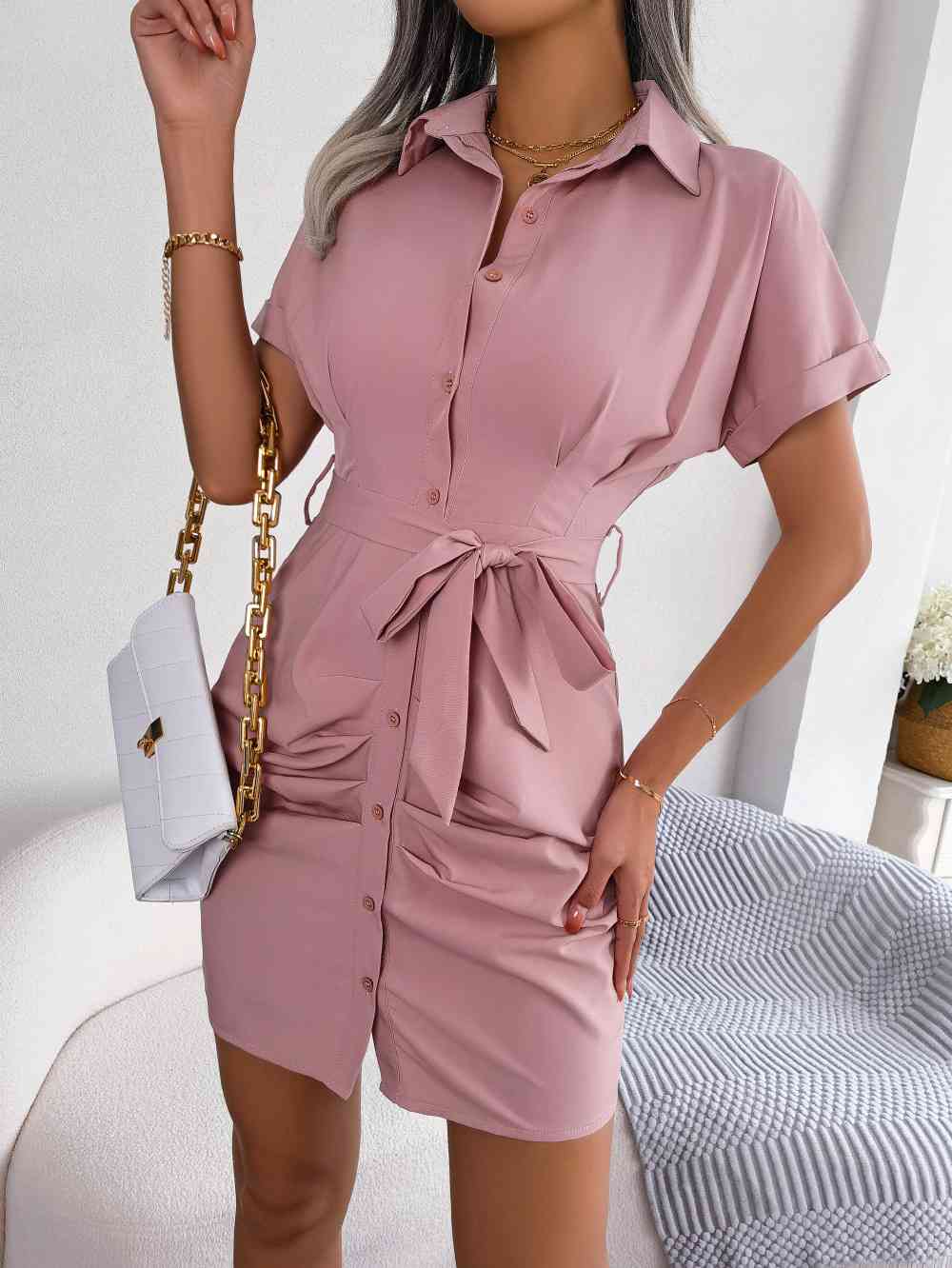 Button Down Ruched Tie Belt Dress (MWBT) T - Deals DejaVu