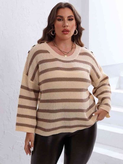 Plus Size Striped Dropped Shoulder Sweater - Deals DejaVu