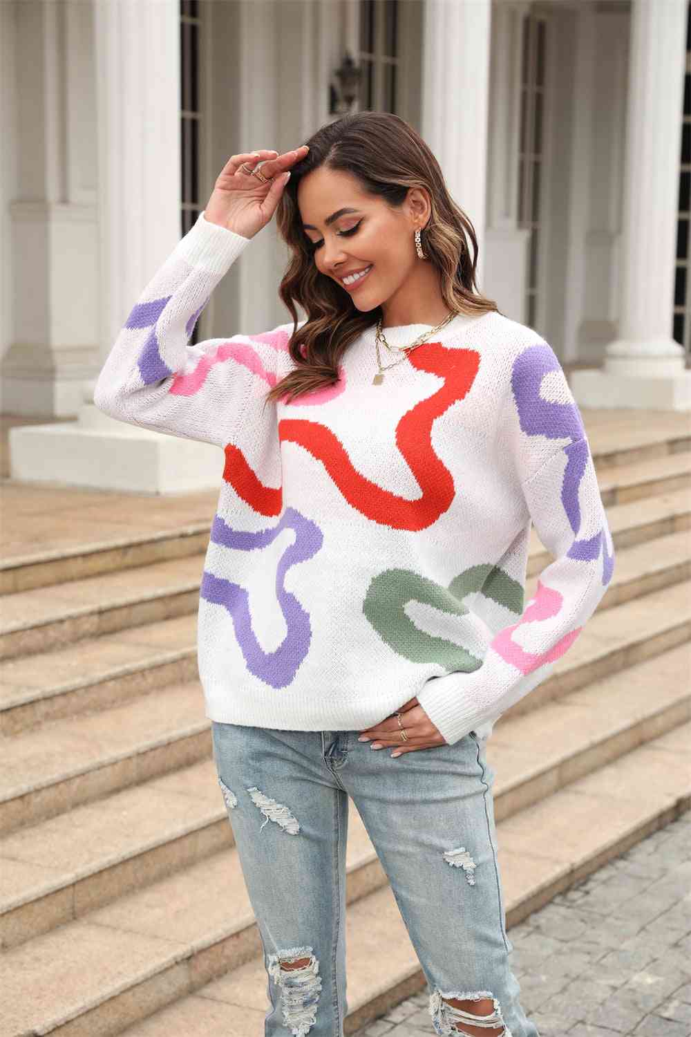 Printed Round Neck Dropped Shoulder Pullover Sweater - Deals DejaVu