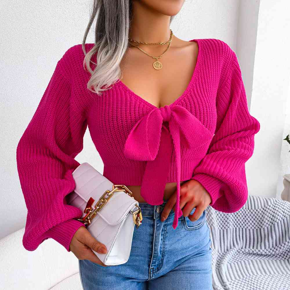 Tie-Front Rib-Knit Cropped Sweater - Deals DejaVu