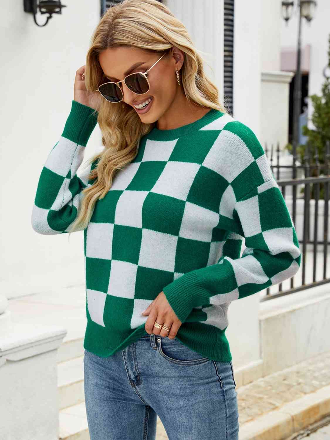 Checkered Round Neck Sweater - Deals DejaVu