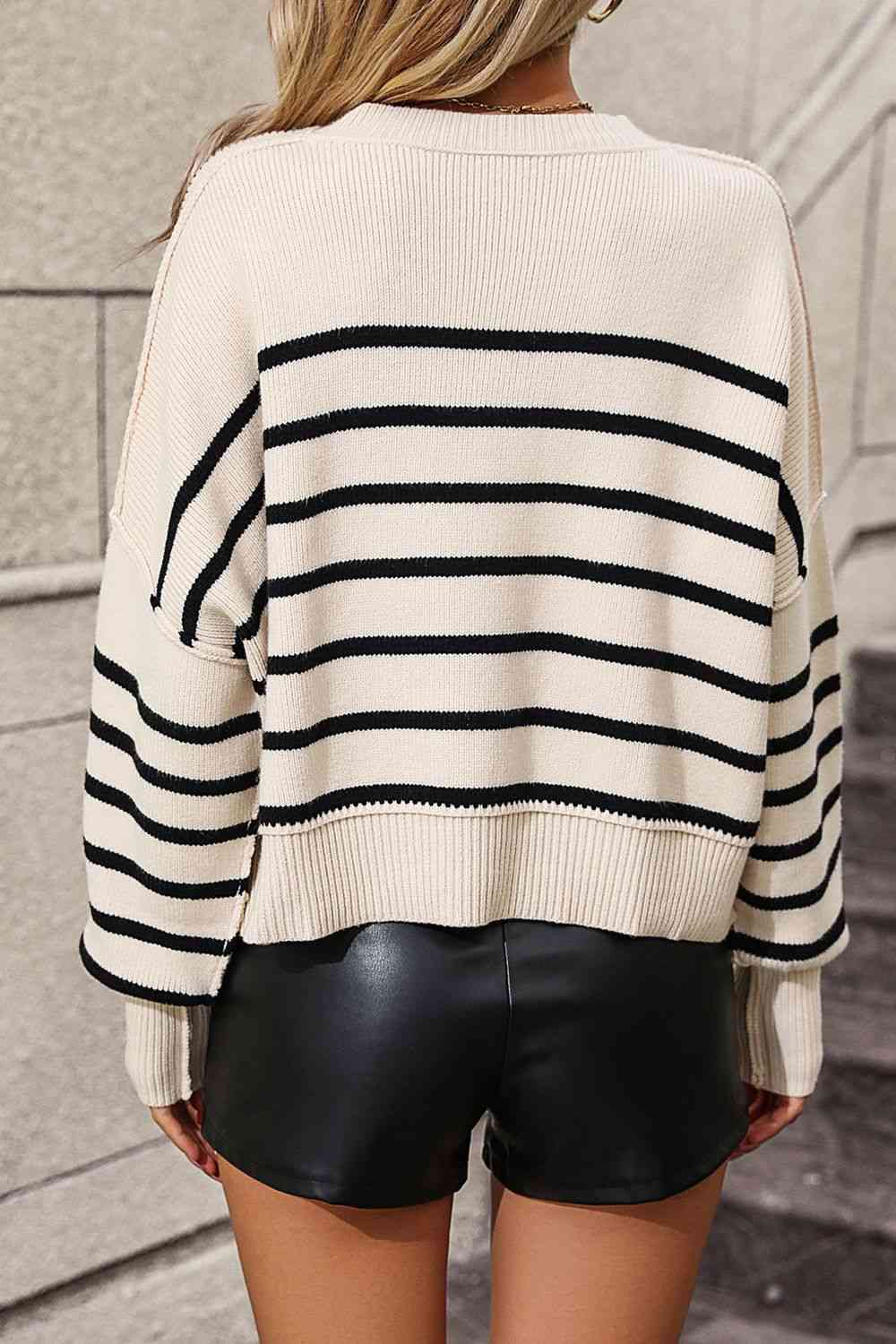 Striped Dropped Shoulder Round Neck Pullover Sweater - Deals DejaVu