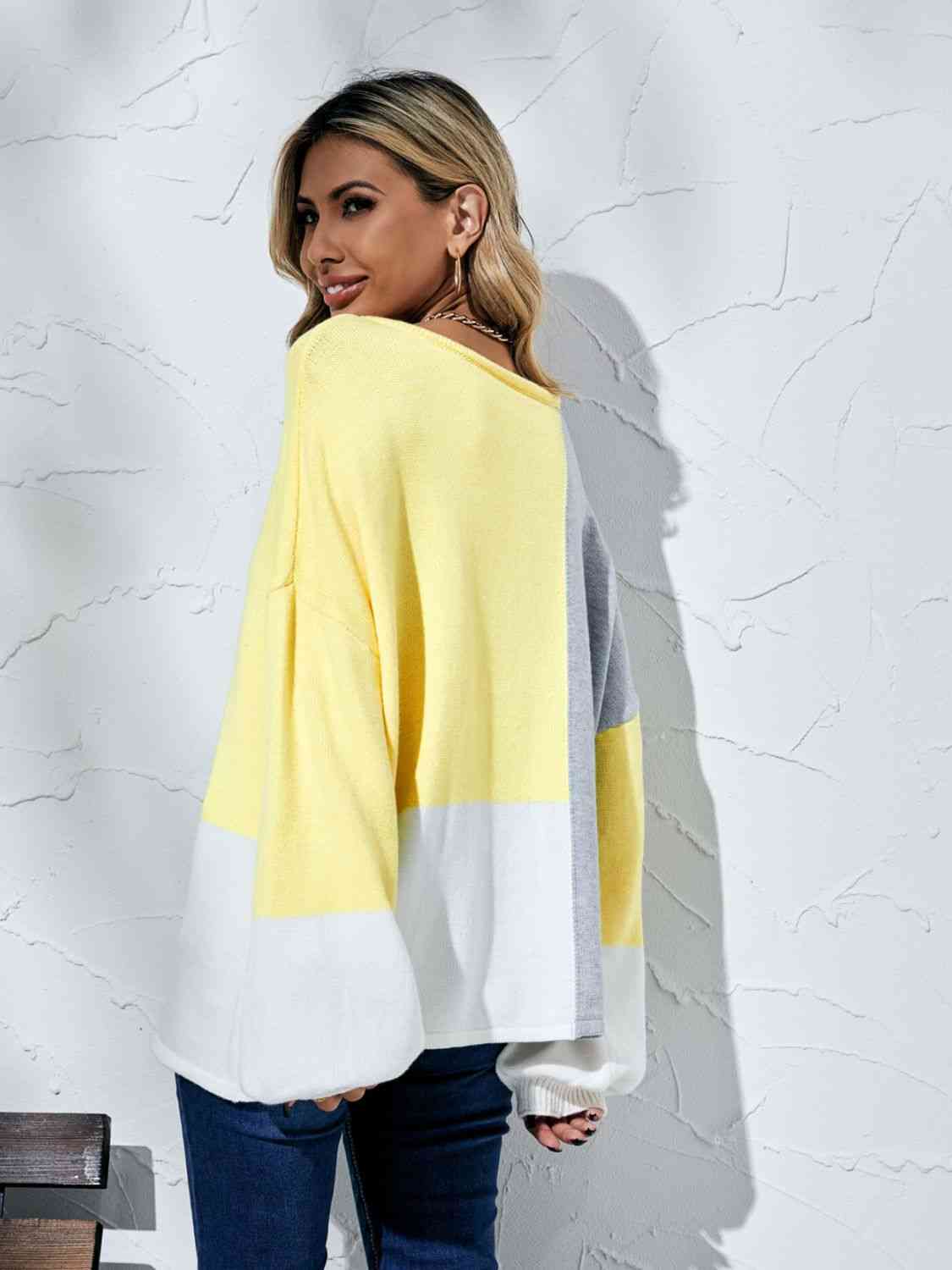 Color Block Balloon Sleeve Boat Neck Sweater - Deals DejaVu