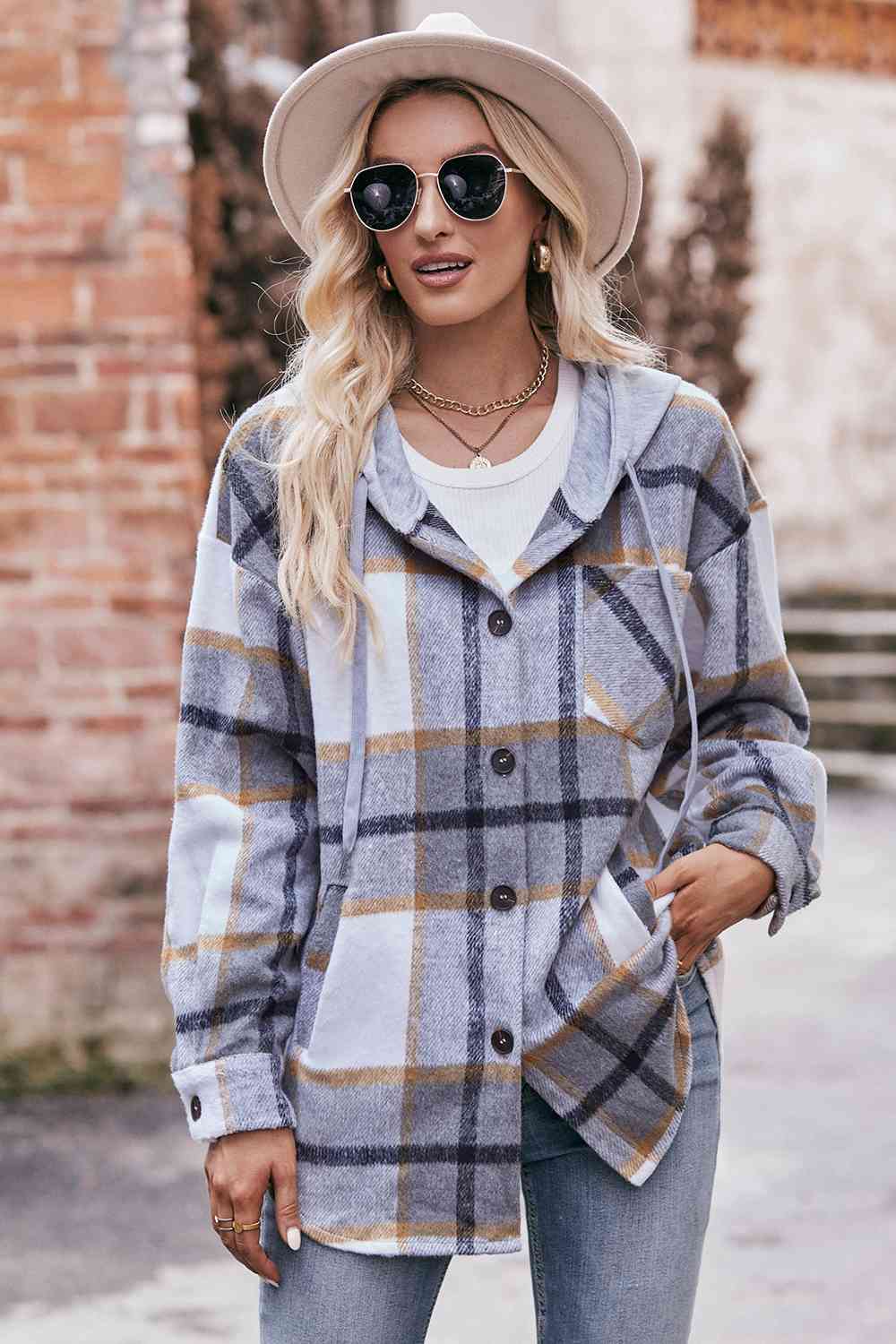 Plaid Dropped Shoulder Hooded Jacket (BFD) T - Deals DejaVu