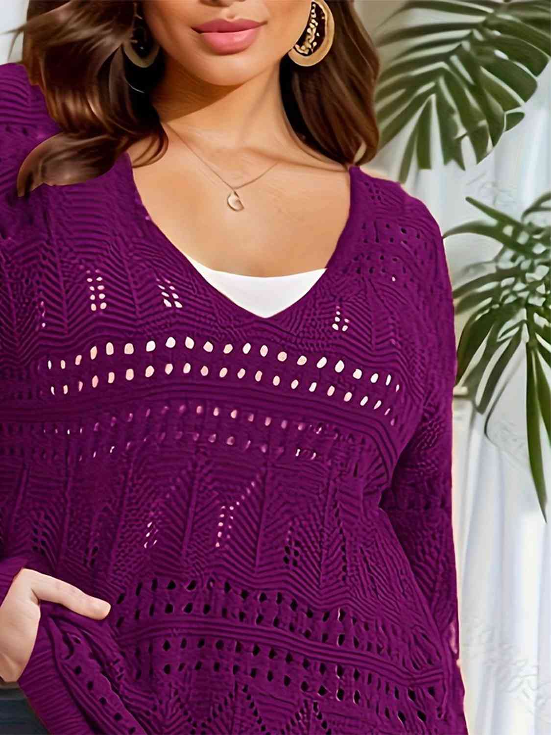 Plus Size Openwork Plunge Long Sleeve Sweater - Deals DejaVu