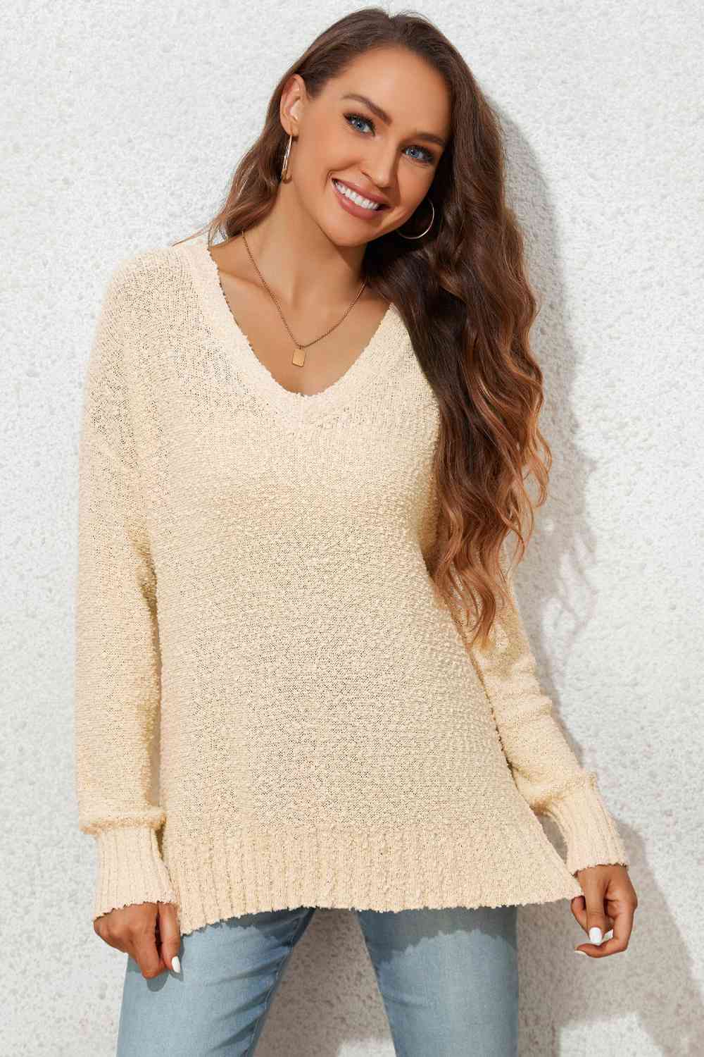 V-Neck Drop Shoulder Slit Sweater - Deals DejaVu