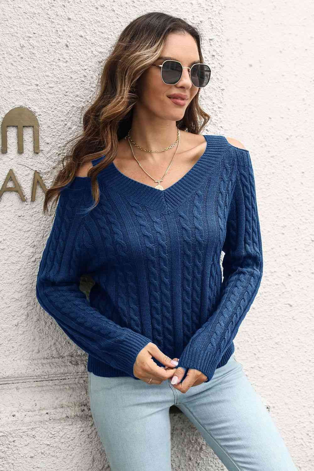 Cold Shoulder V-Neck Cable-Knit Pullover Sweater - Deals DejaVu