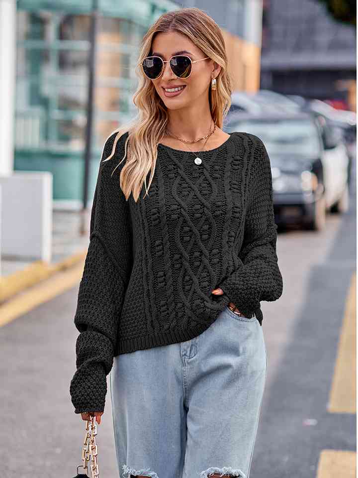 Round Neck Cable-Knit Sweater - Deals DejaVu