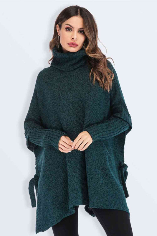 Double Take Tied Turtleneck Asymmetrical Hem Sweater