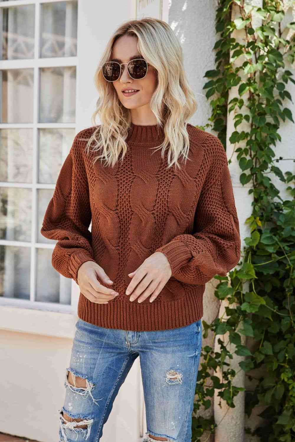 Mixed Knit Crewneck Drop Shoulder Sweater