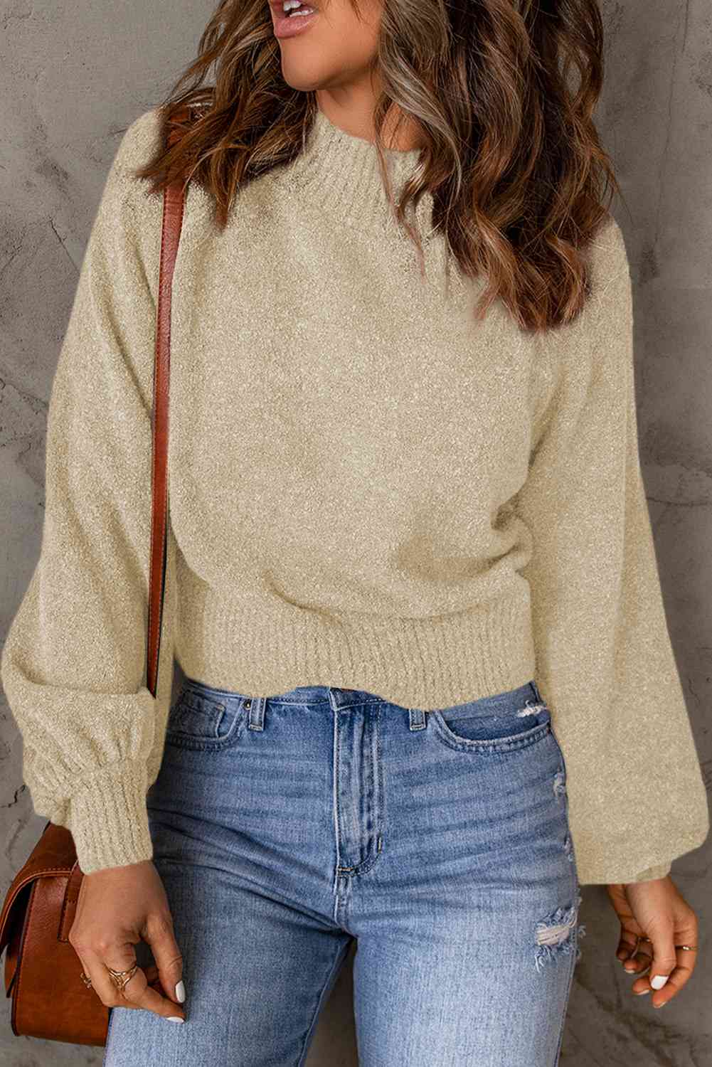 Ribbed Trim Balloon Sleeve Sweater - Deals DejaVu