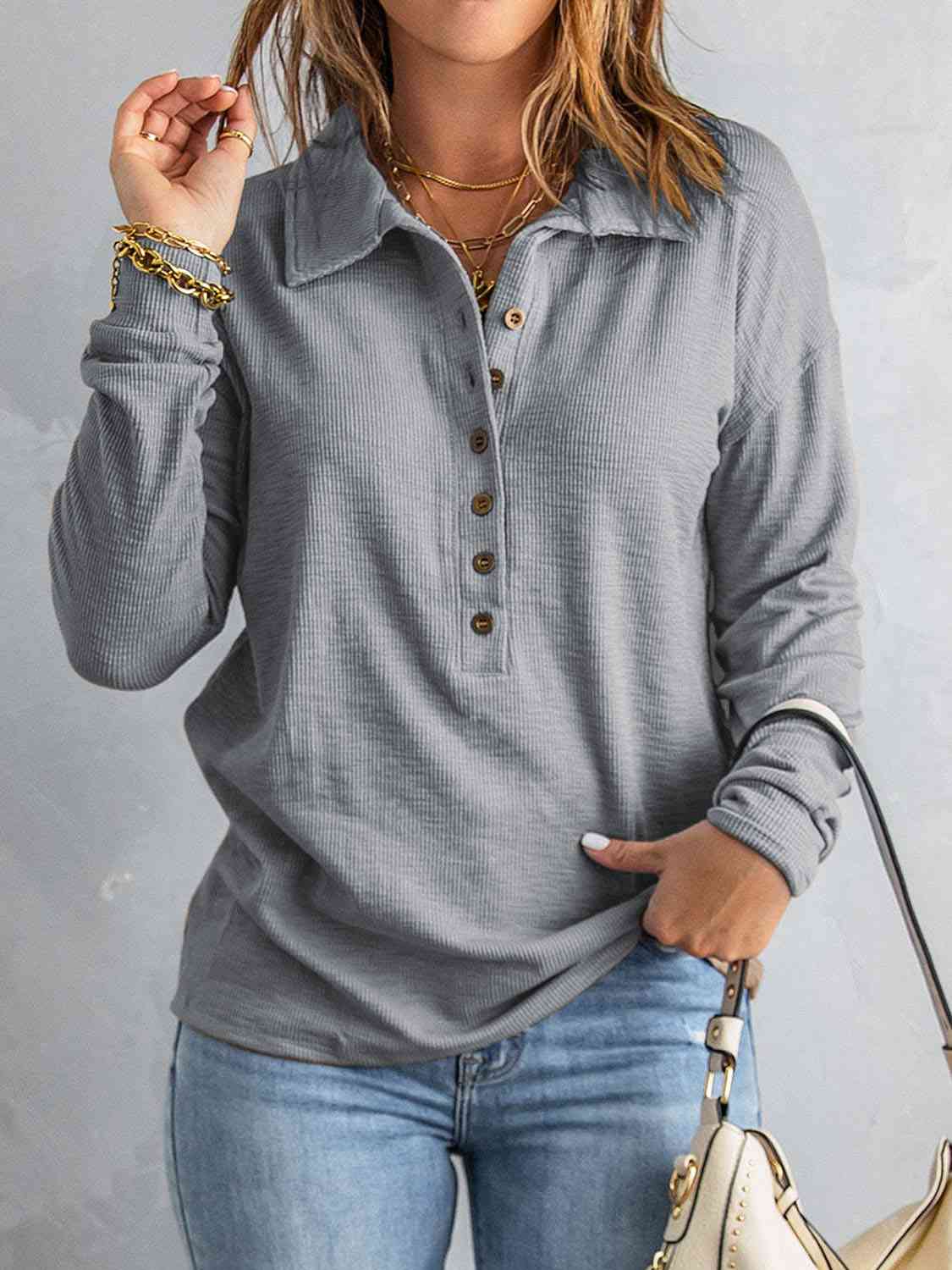 Collared Neck Half Button Top (BFD) T - Deals DejaVu