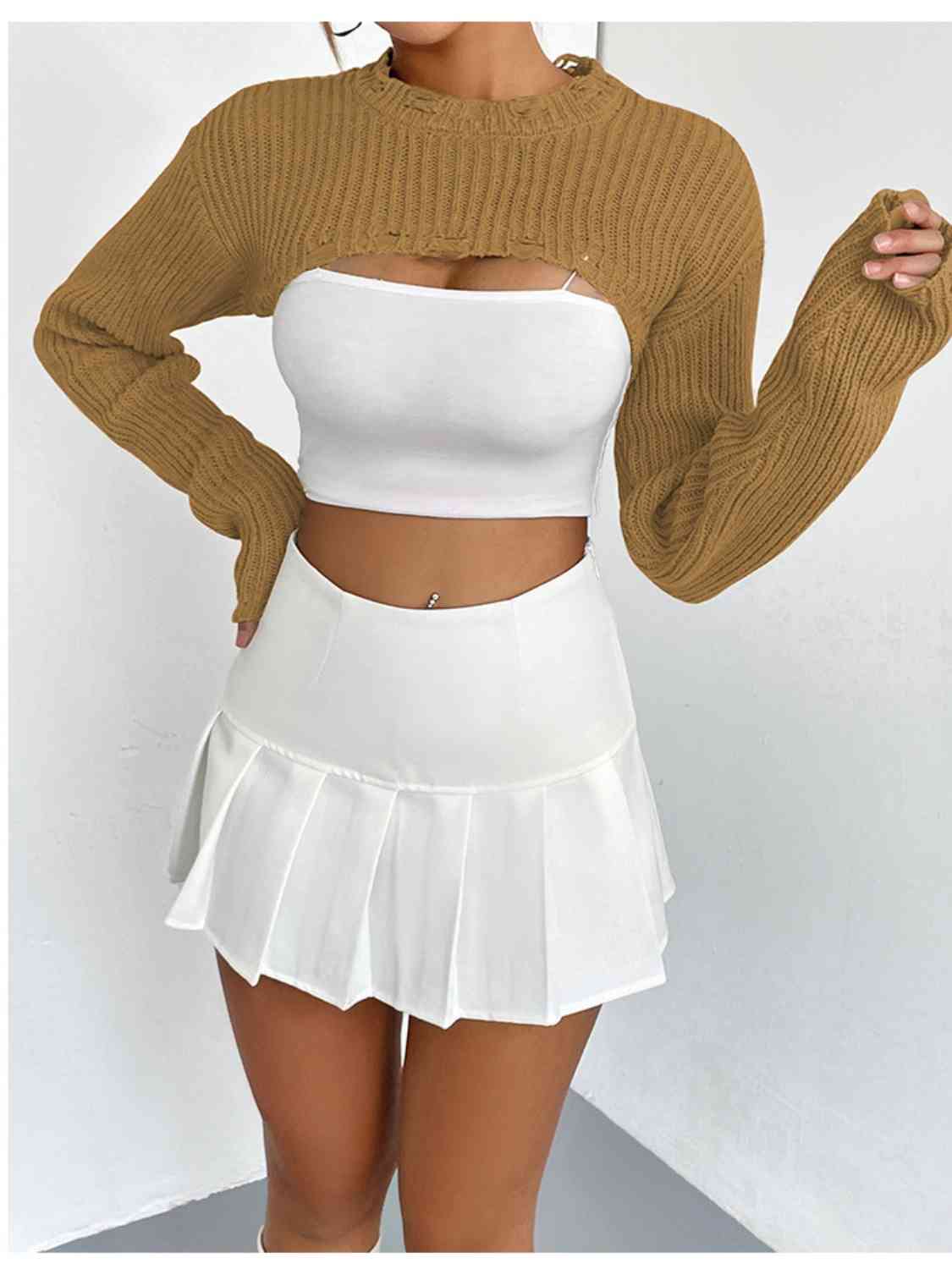 Distressed Long Sleeve Cropped Sweater - Deals DejaVu