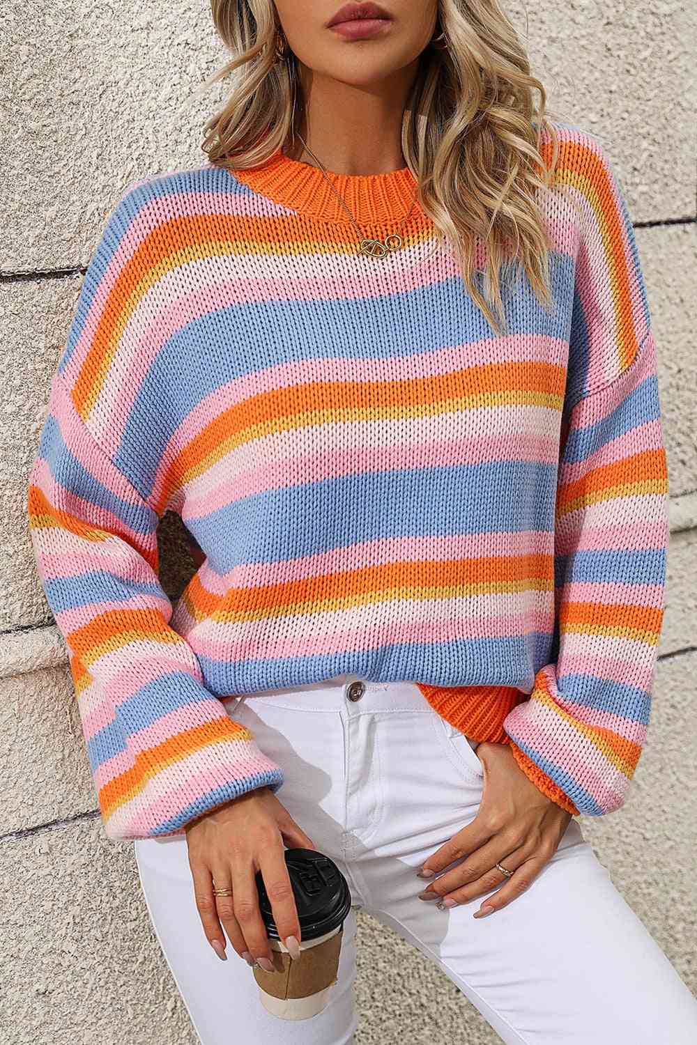 Striped Round Neck Dropped Shoulder Sweater - Deals DejaVu