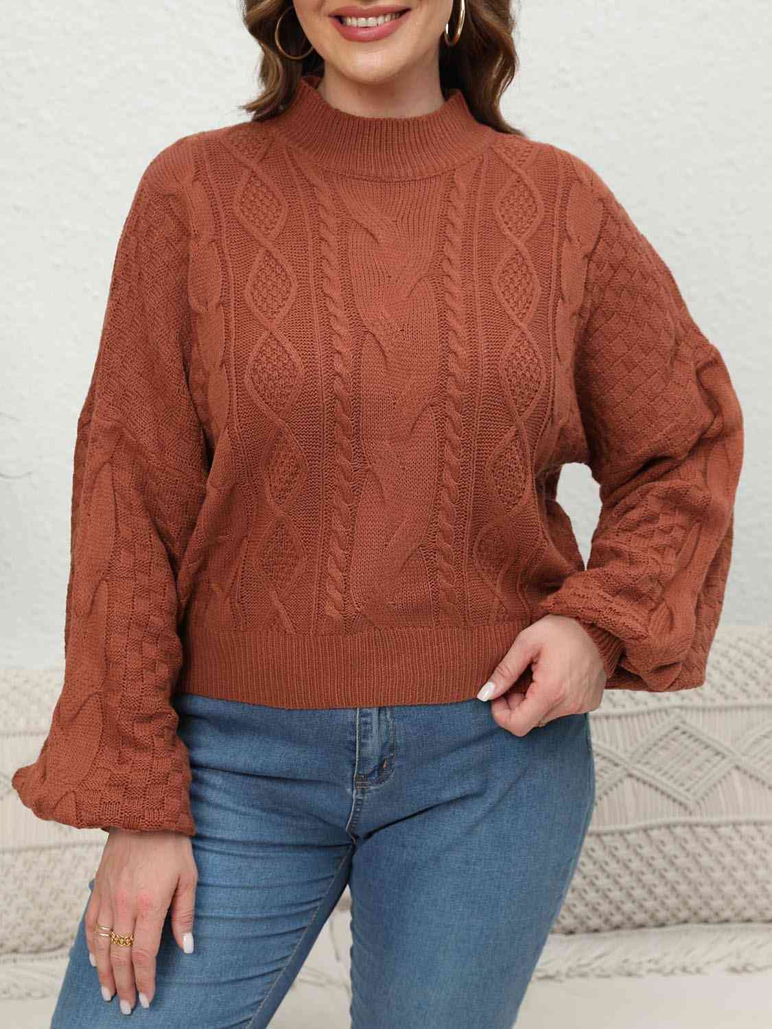 Plus Size Mock Neck Cable Knit Long Sleeve Sweater - Deals DejaVu