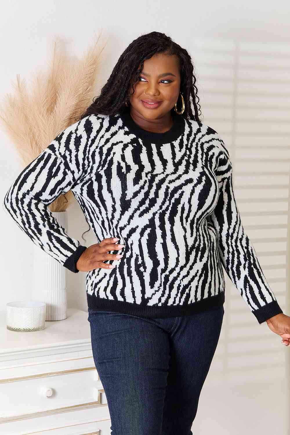 Heimish Full Size Zebra Print Sweater - Deals DejaVu