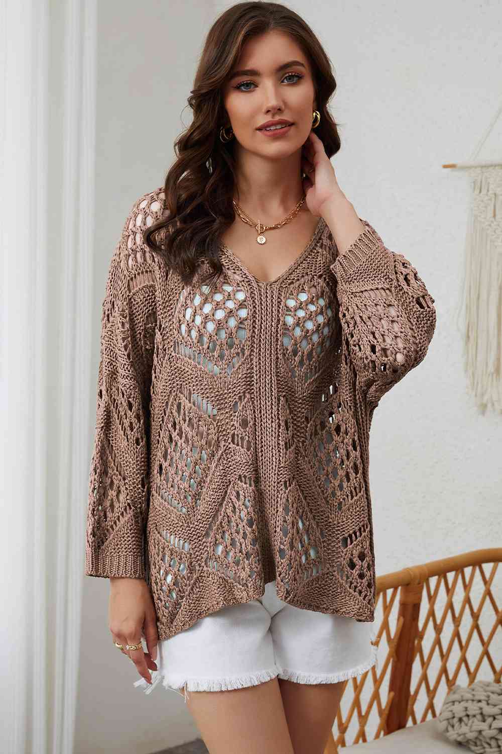 Openwork V-Neck Sweater - Deals DejaVu