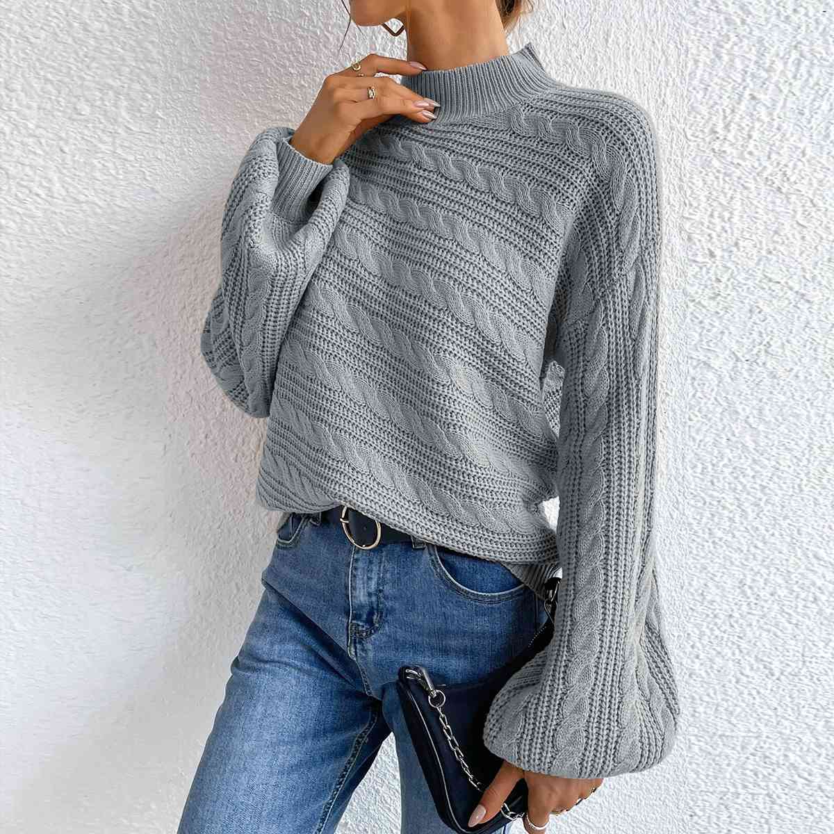 Cable-Knit Mock Neck Long Sleeve Sweater - Deals DejaVu