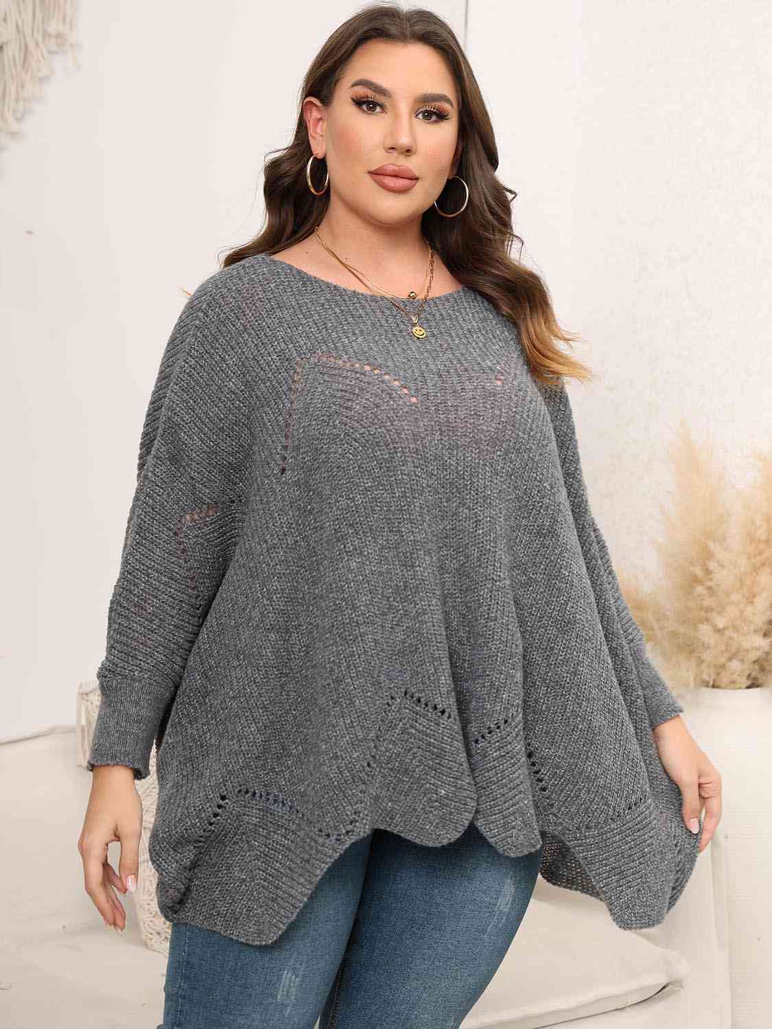 Plus Size Round Neck Batwing Sleeve Sweater - Deals DejaVu