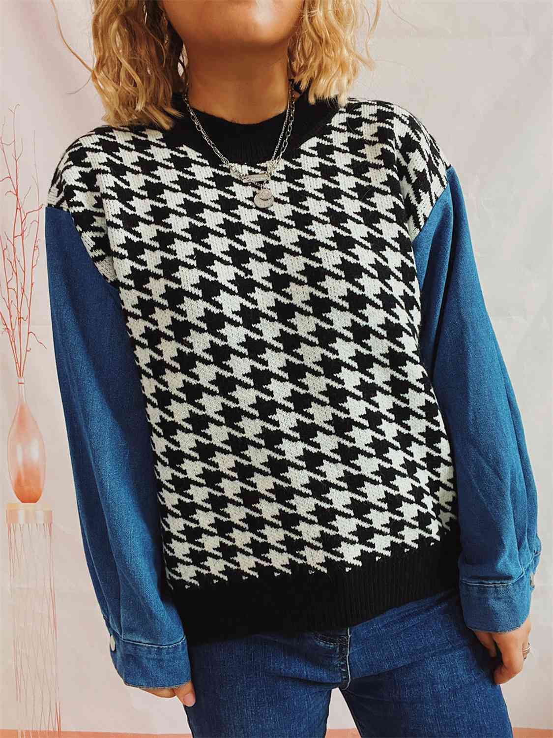 Houndstooth Denim Sleeve Sweater - Deals DejaVu
