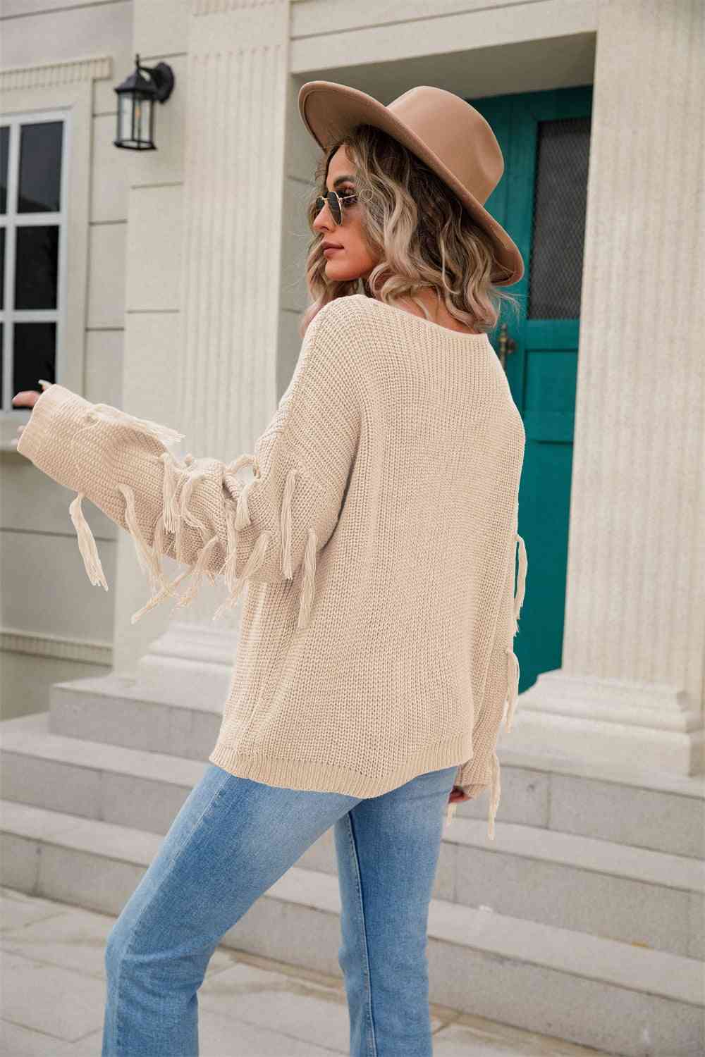 Ribbed Round Neck Fringe Detail Sweater