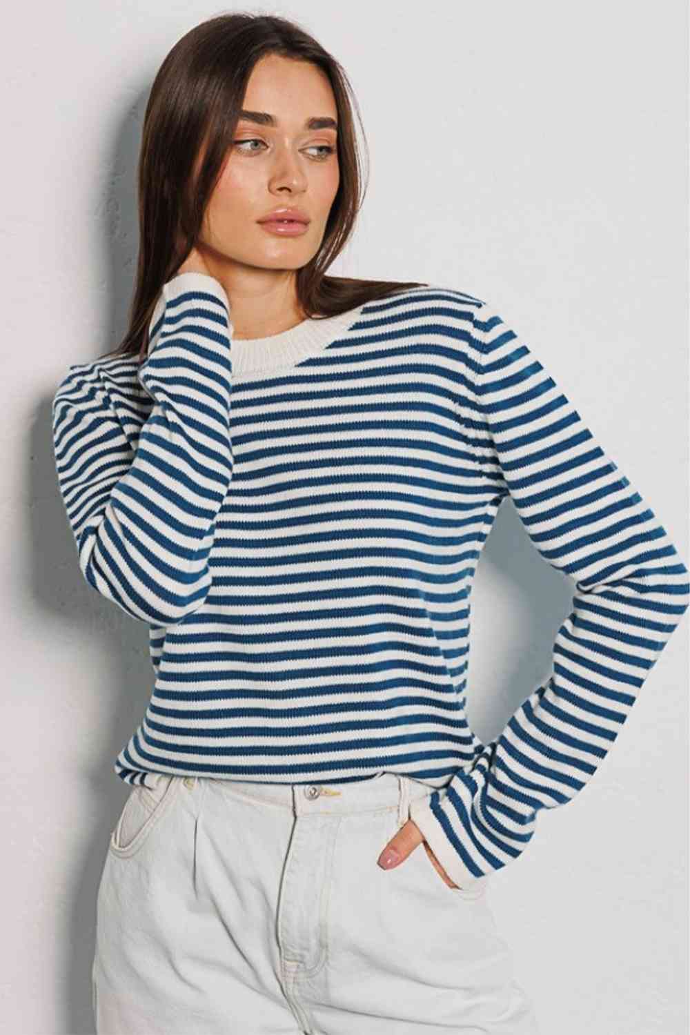 Striped Round Neck Long Sleeve Sweater - Deals DejaVu