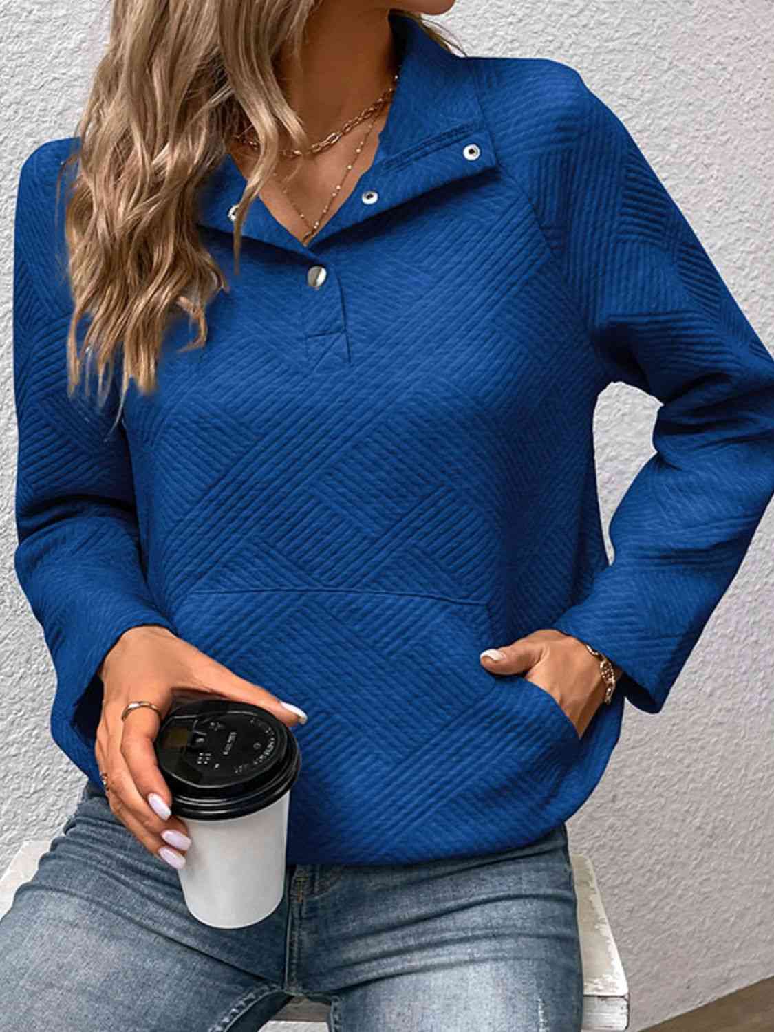 Half Buttoned Collared Neck Sweatshirt with Pocket (BFD) T - Deals DejaVu