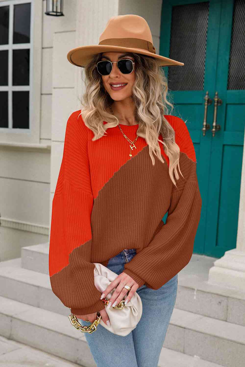 Two-Tone Round Neck Ribbed Sweater - Deals DejaVu