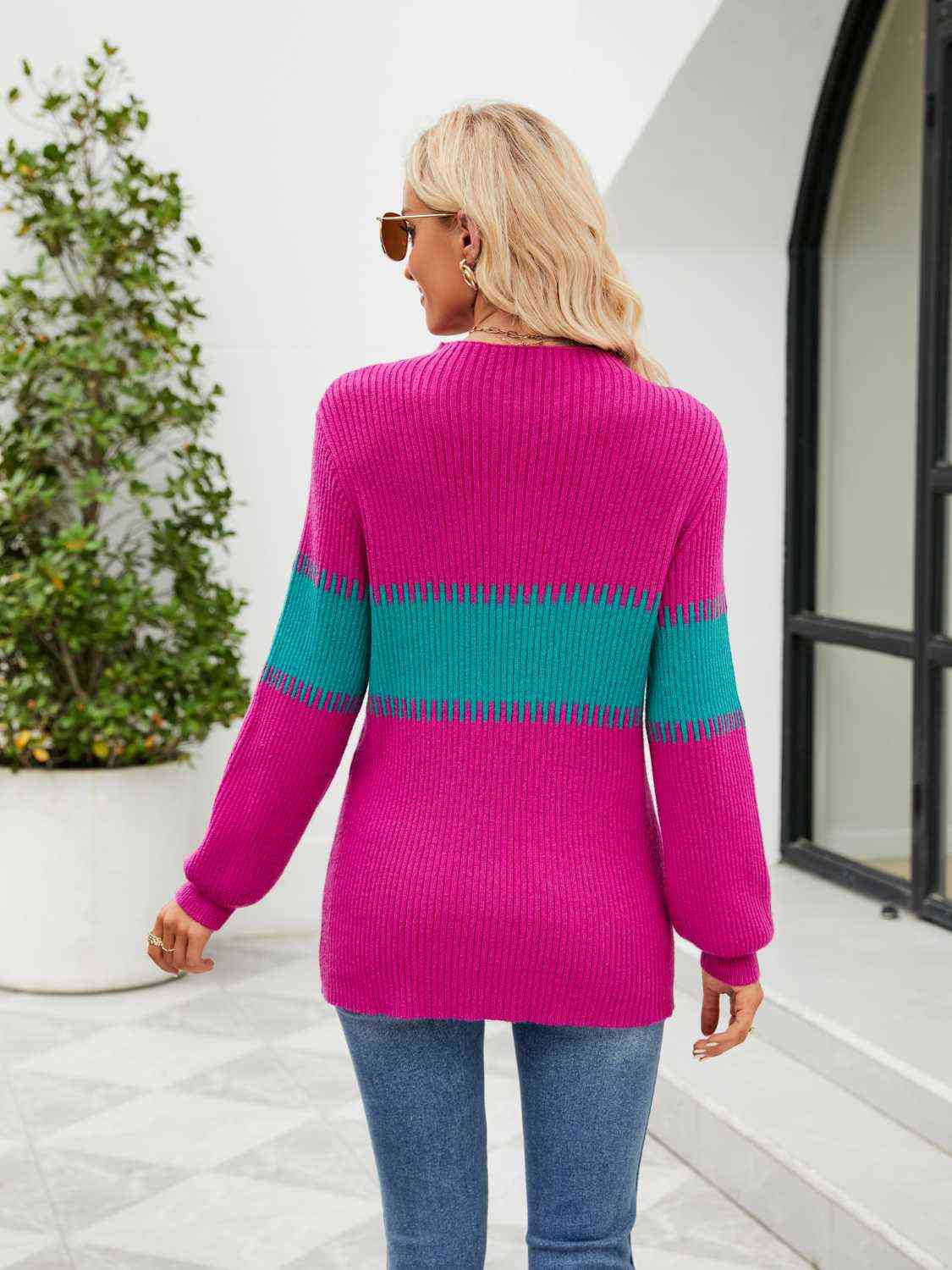 Contrast Round Neck Sweater - Deals DejaVu