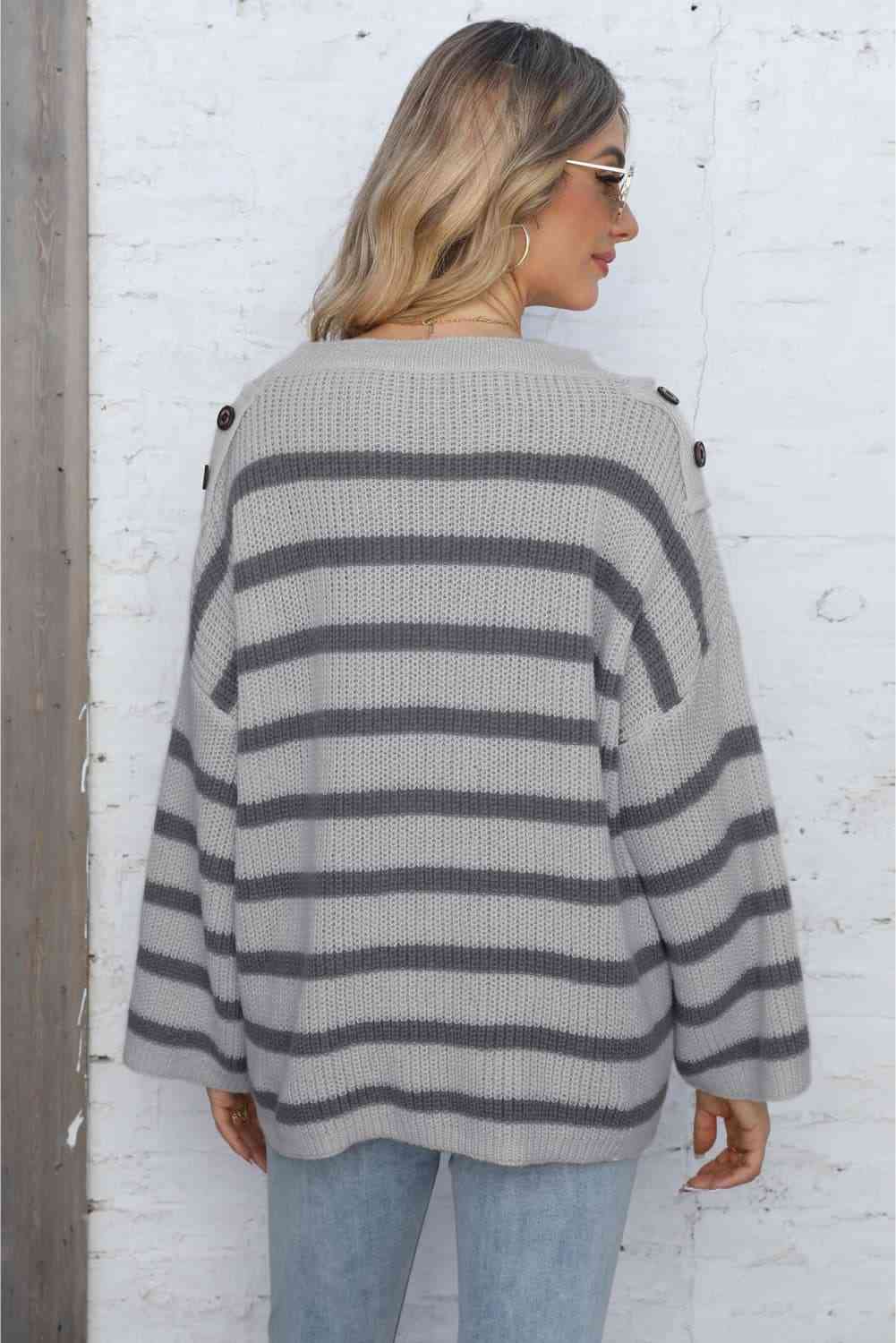 Round Neck Dropped Shoulder Striped Sweater - Deals DejaVu