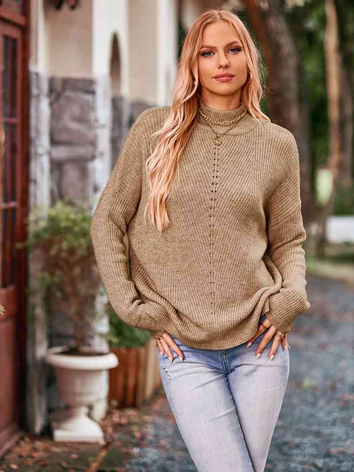 Mock Neck Dropped Shoulder Sweater - Deals DejaVu