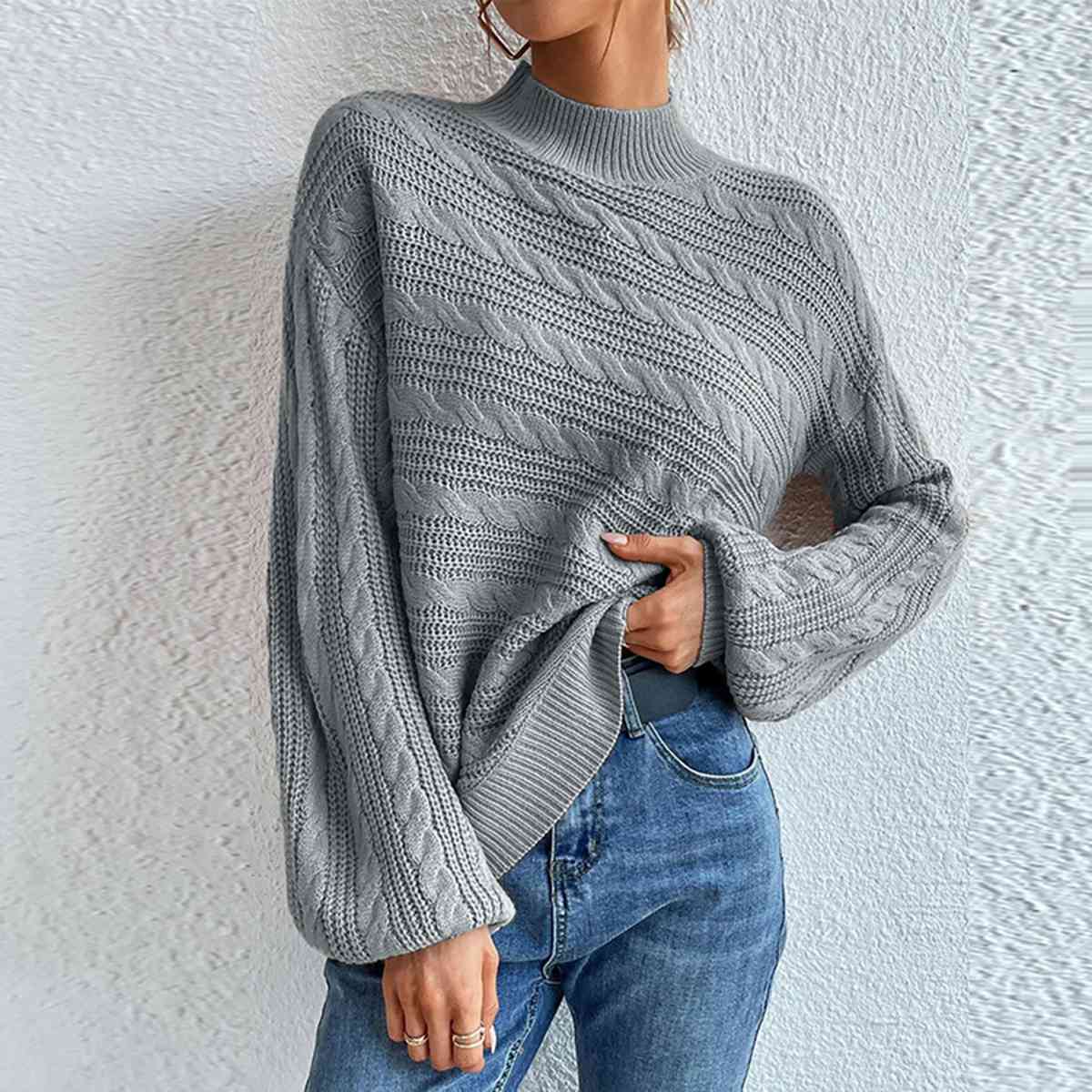 Cable-Knit Mock Neck Long Sleeve Sweater - Deals DejaVu